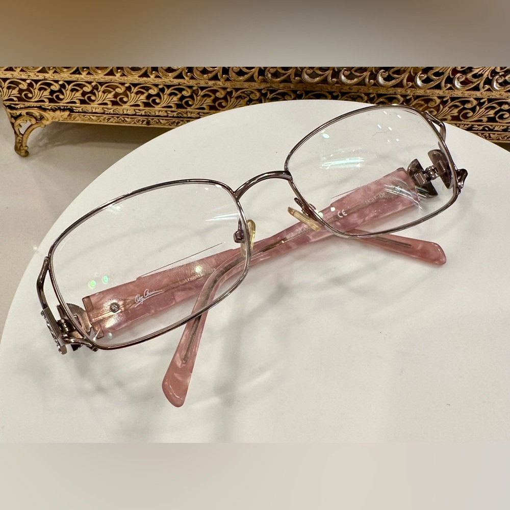 Oleg Cassini - Rose Pink Marbled Rx Eyeglass Frames/Crystal Logo Accents - EUC - Picture 15 of 16